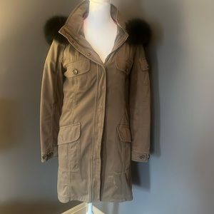 Moschino lined Army Green coat.  Hooded with faux fur.